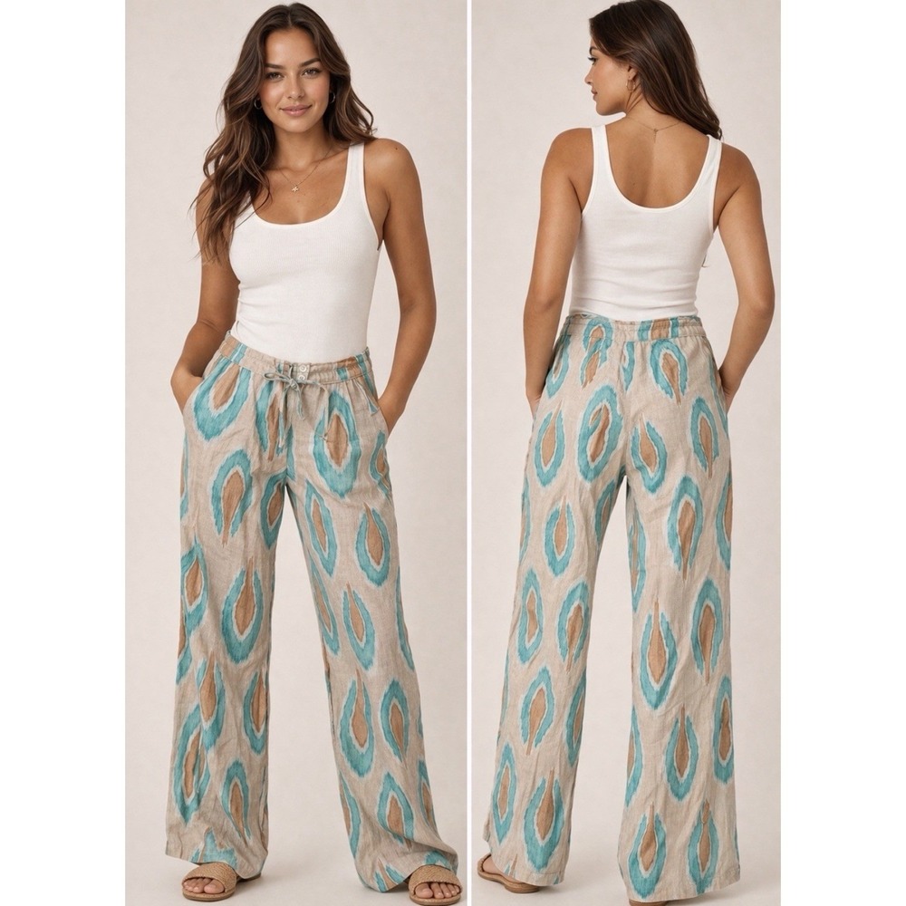 Nimo with Love Ikat Tan Turquoise Coverup Casual Lounge 100% Linen Pants Sz. XS